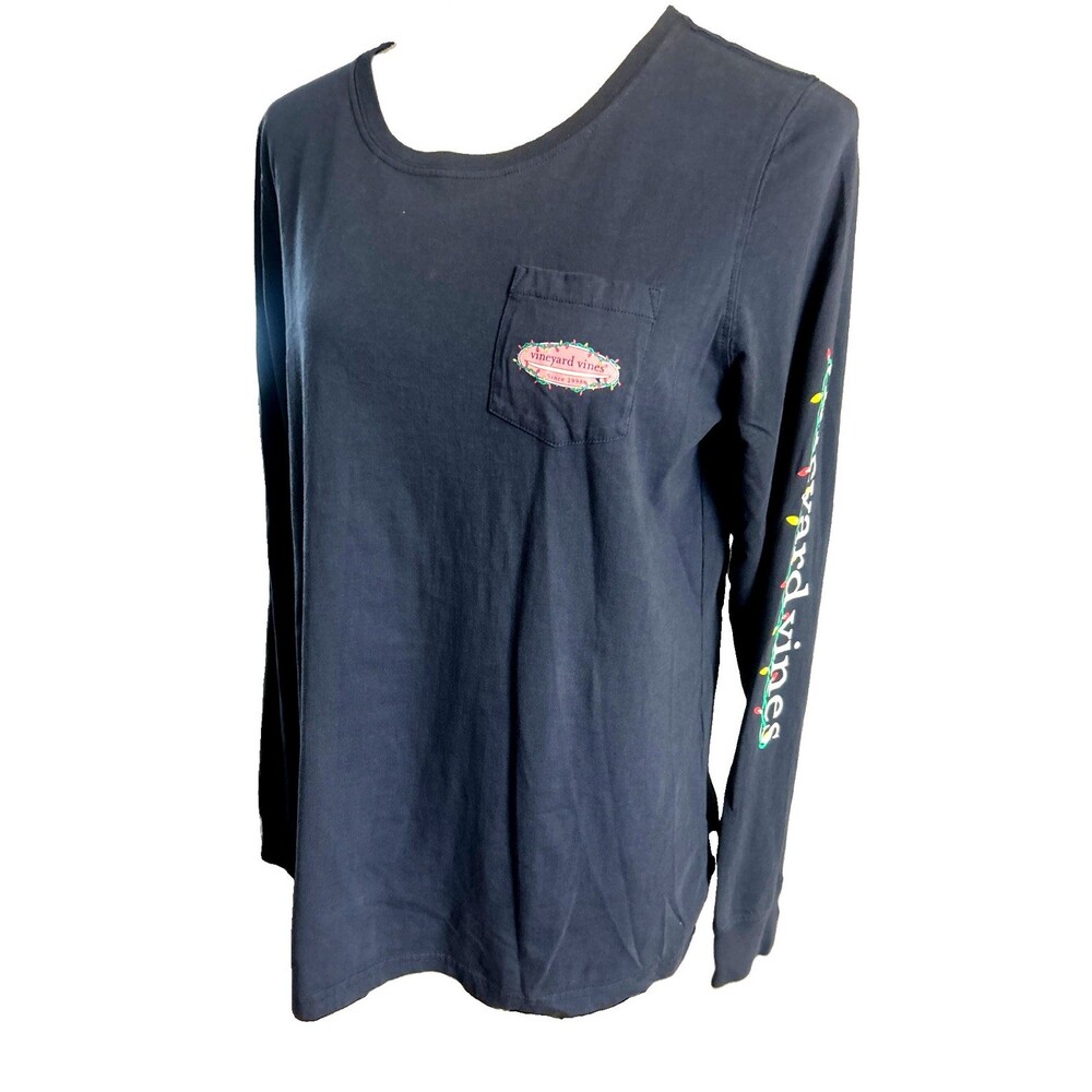 Vineyard Vines Womens Size M Blue Cotton Christmas Light Long Sleeve  T-shirt